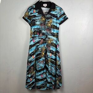 Unique Vintage Black and Blue Tropical Tiki Patterned Button Up Dress